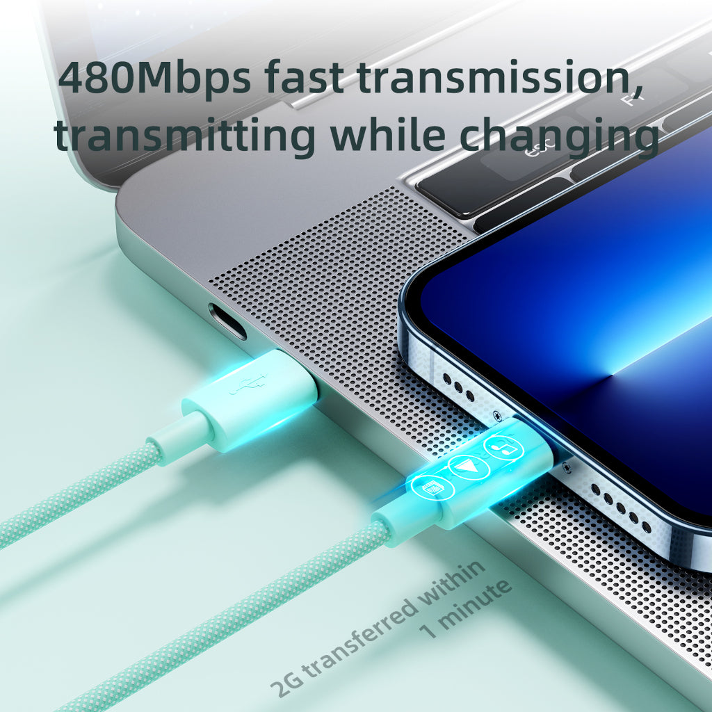 20w Green Braided cable connecting iPhone and laptop