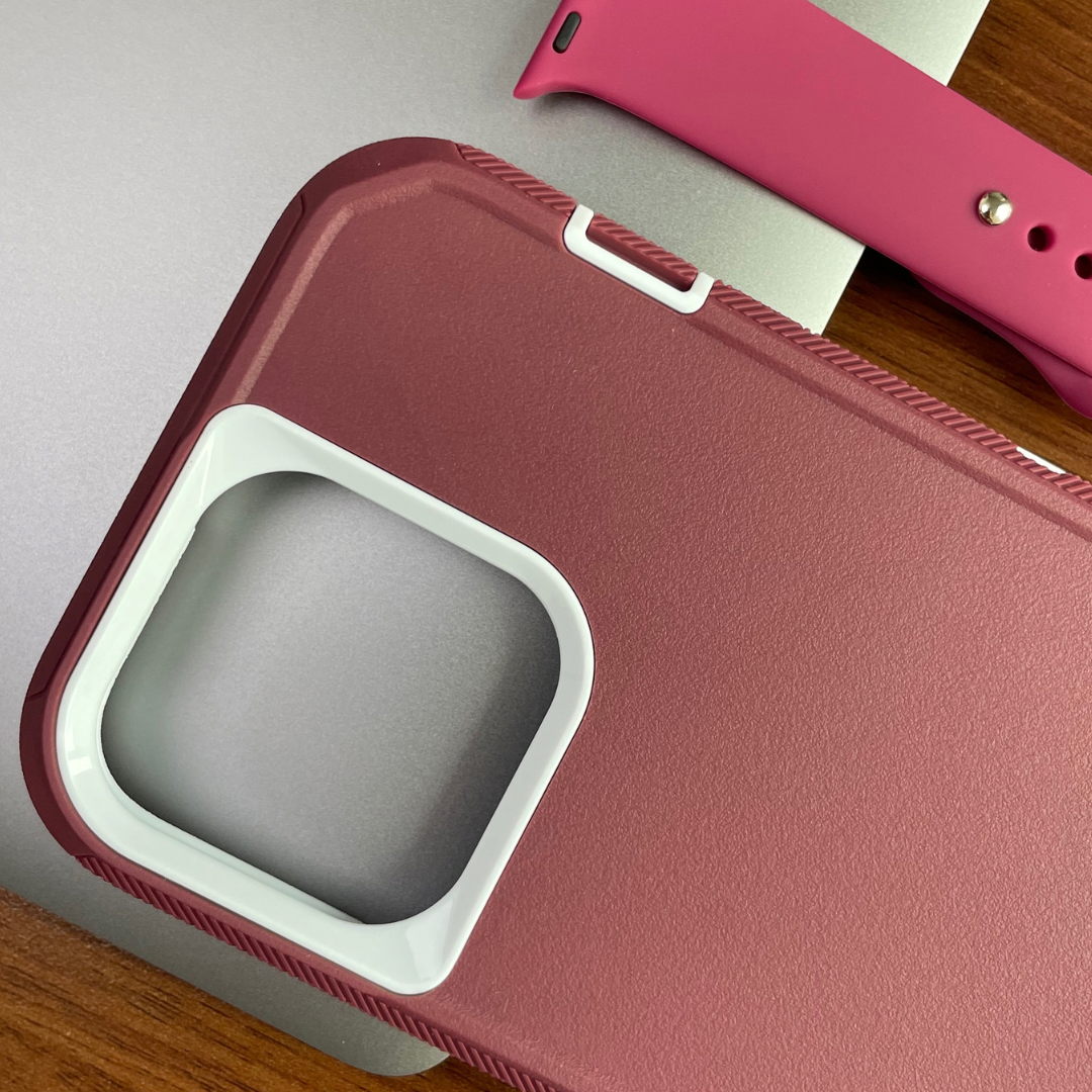 Close up of iPhone protective case maroon and white color