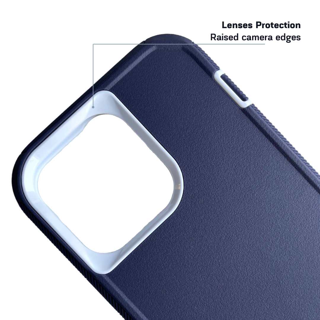 back side view of iPhone protective case navy and white color