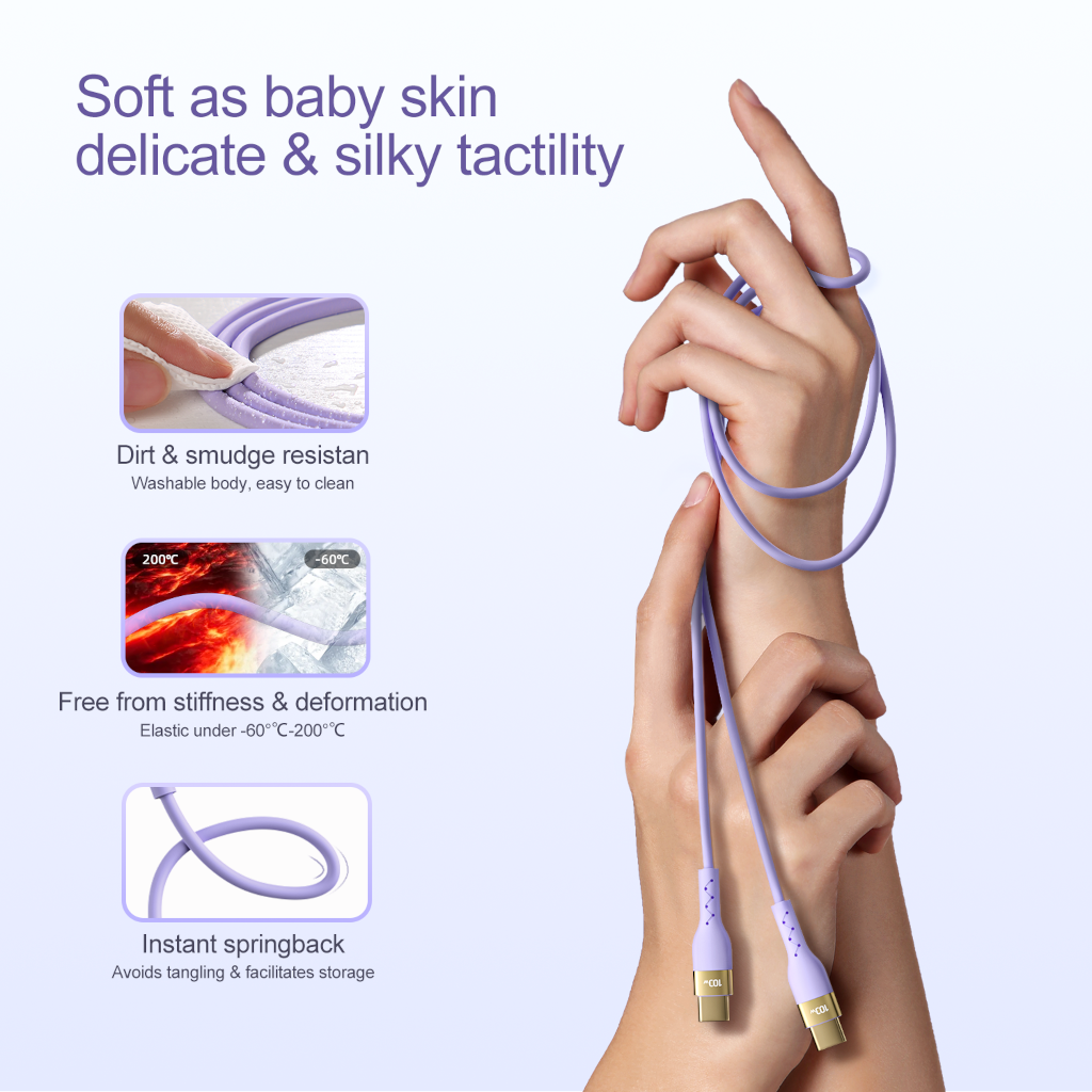 Display of purple 100w silicone charging cable with carious cable information