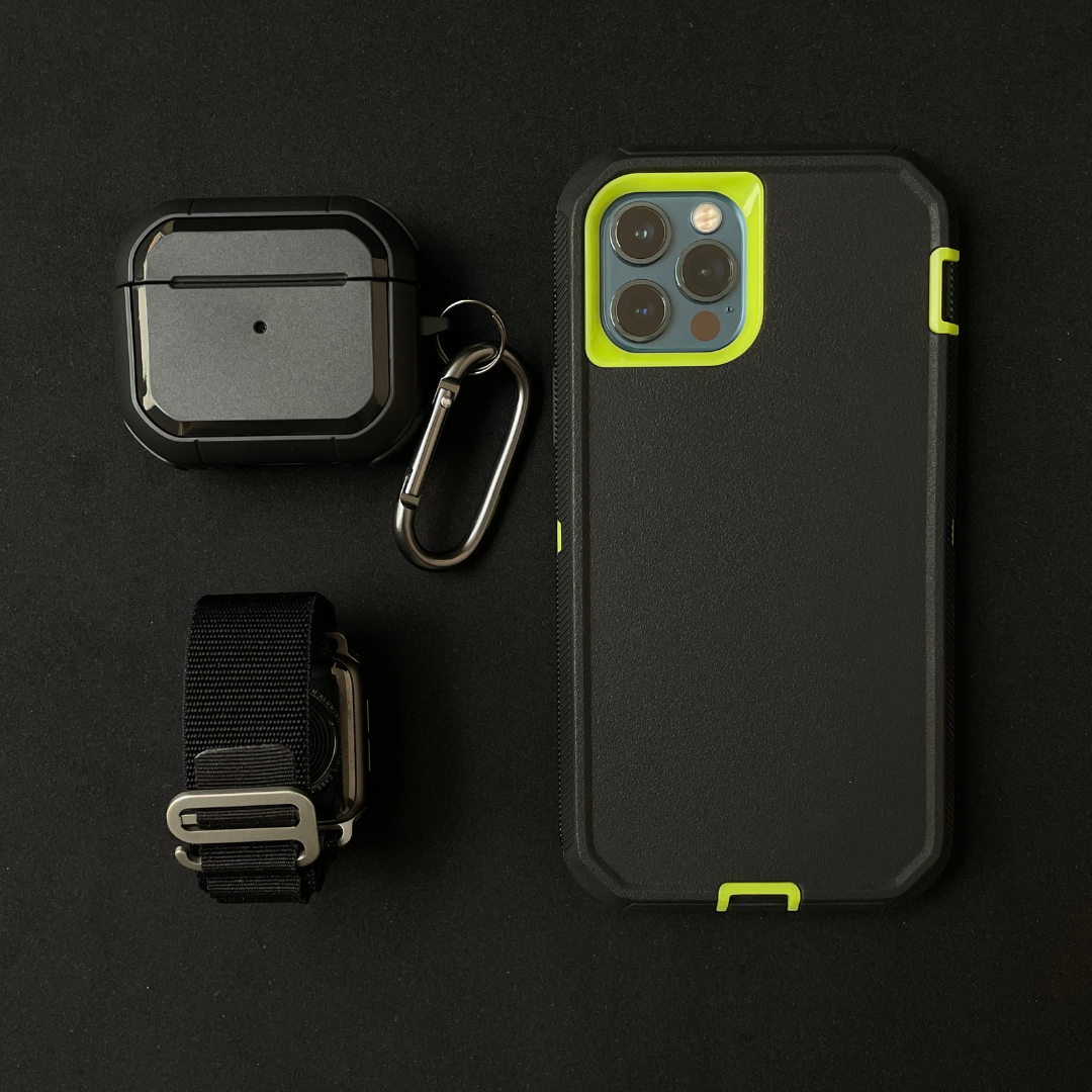 iPhone protective case Black green near Airpods in protective case and applewatch with black fabric band