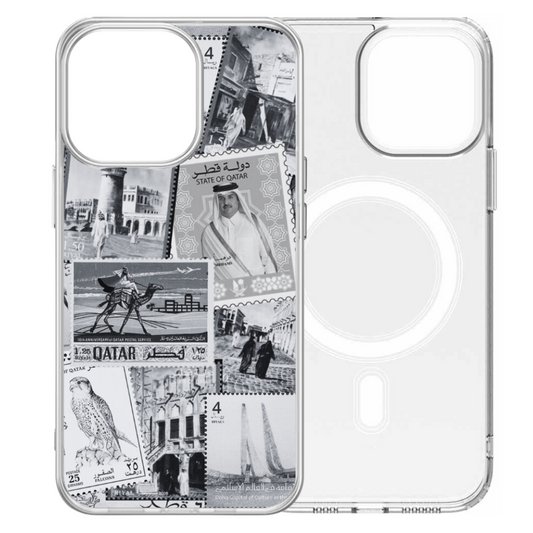 Magsafe Clear Iphone Case - Qatar Postage Stamps - Black And White