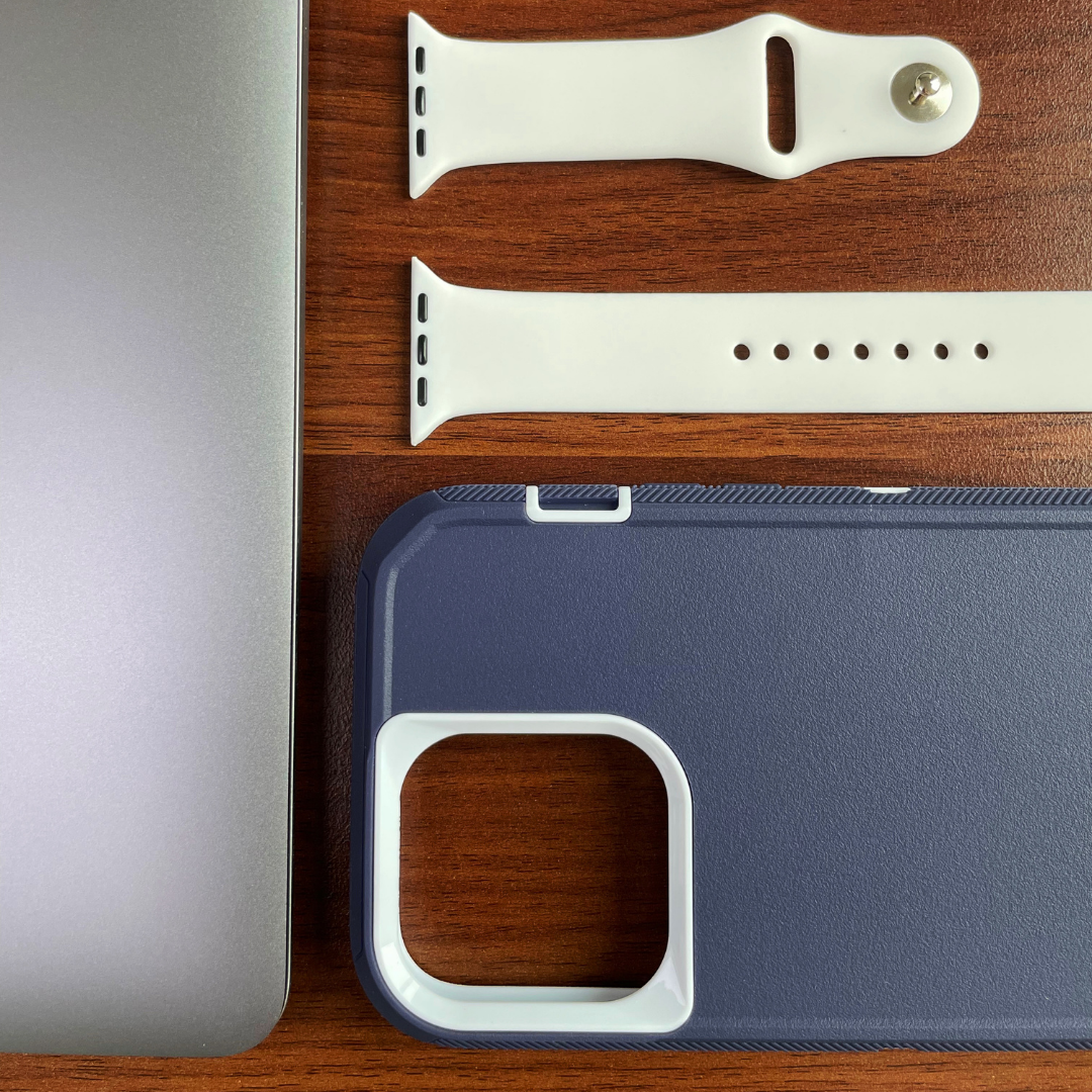 Close up of iPhone protective case navy and white color