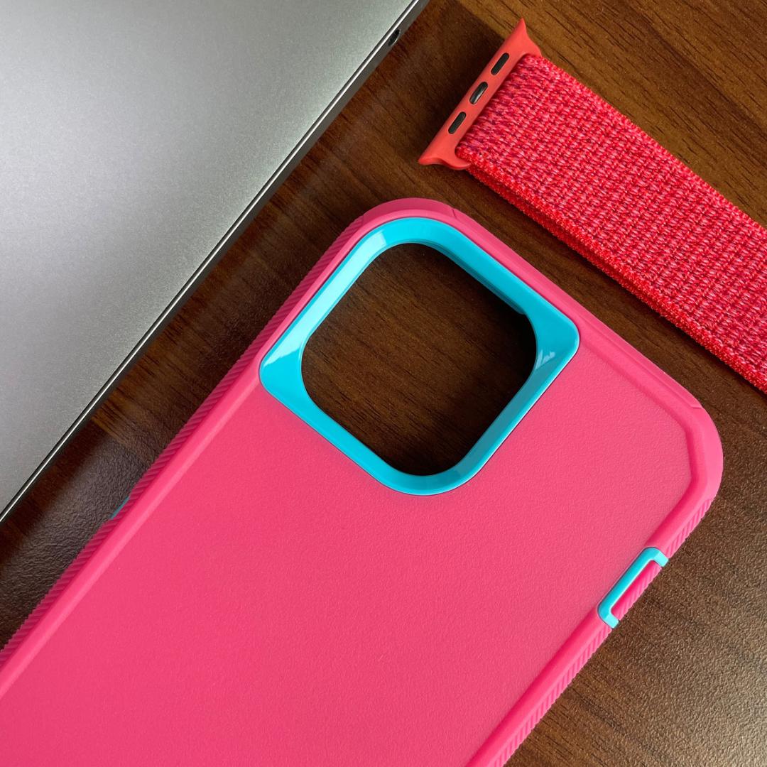 Close up of iPhone protective case pink and blue color