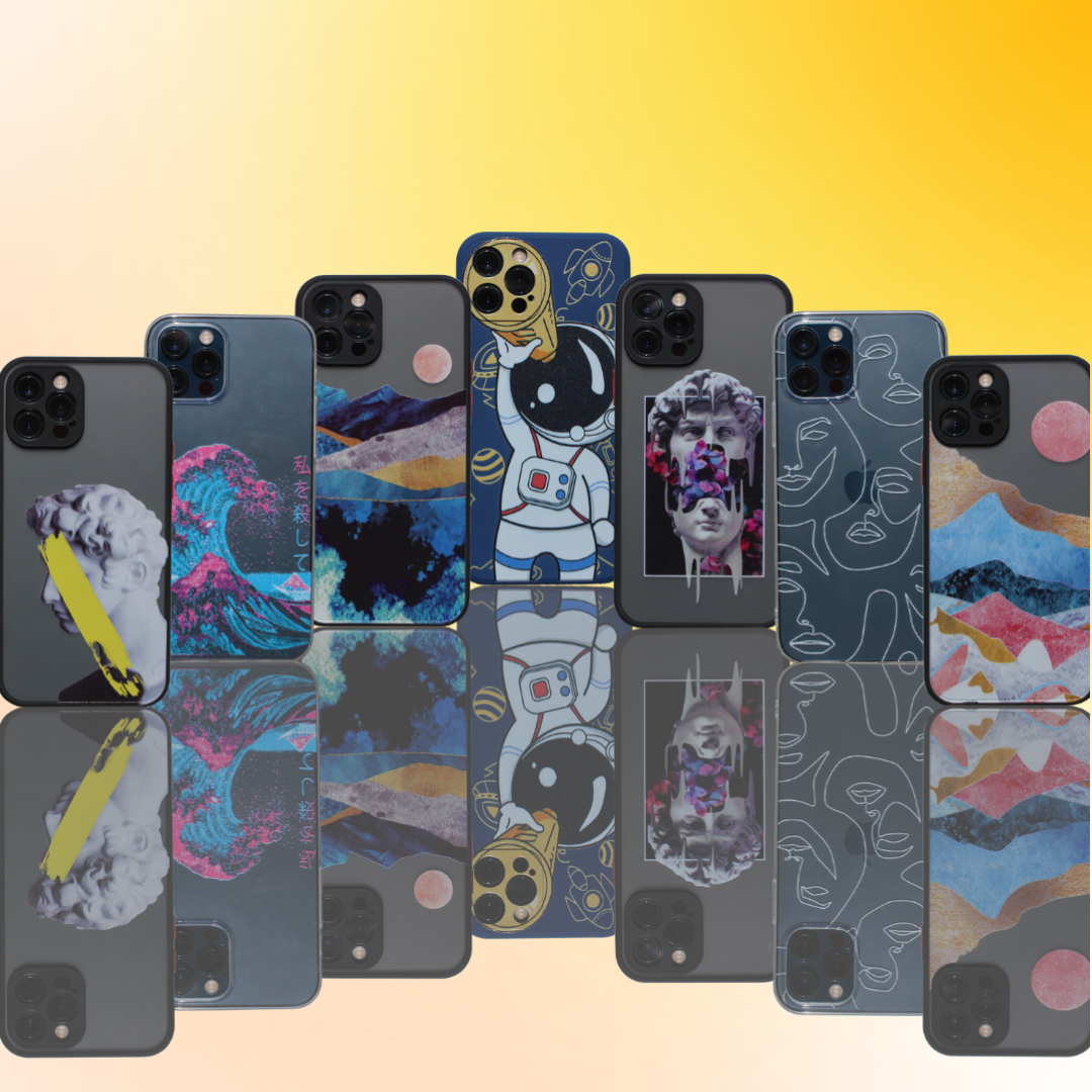 Assortment of iPhone cases with various prints and colors.