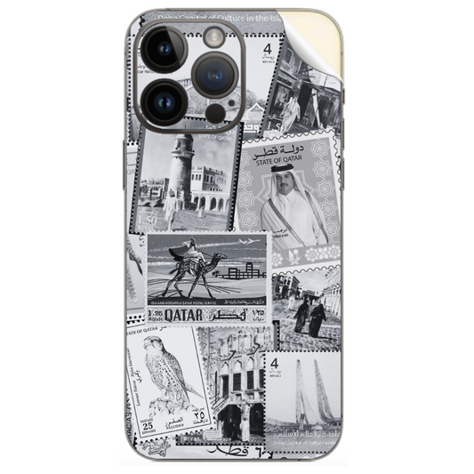 Iphone Cover Sticker - Qatar Postage Stamps - Black And White