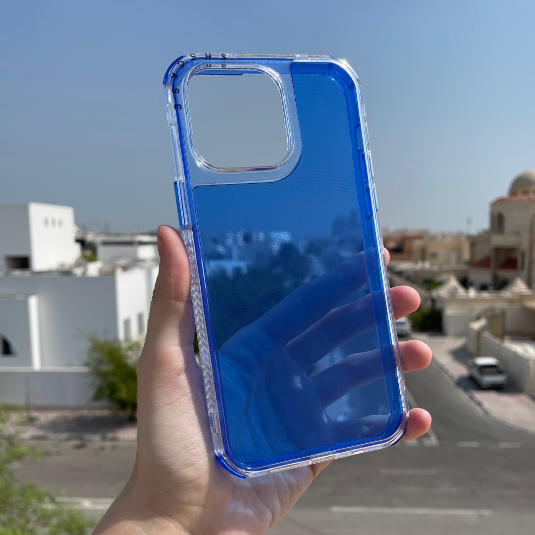 iphone protective case blue color with city view on the back 
