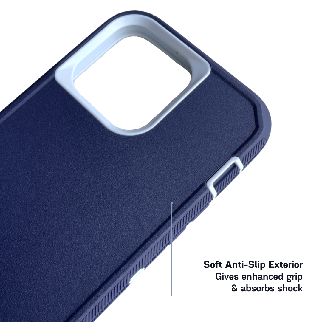 back side view of iPhone protective case navy and white color