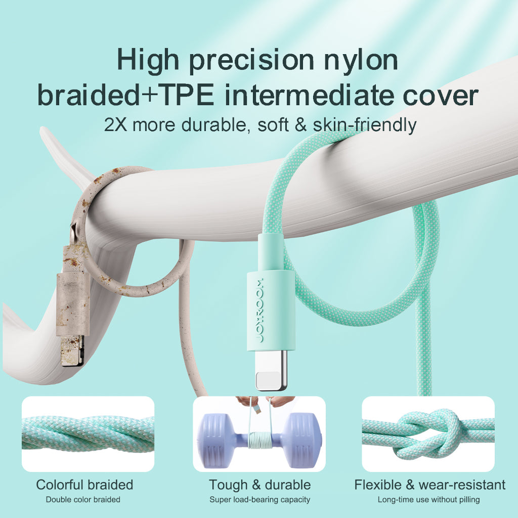 Display of two different cable one green and other white with various damage on the white