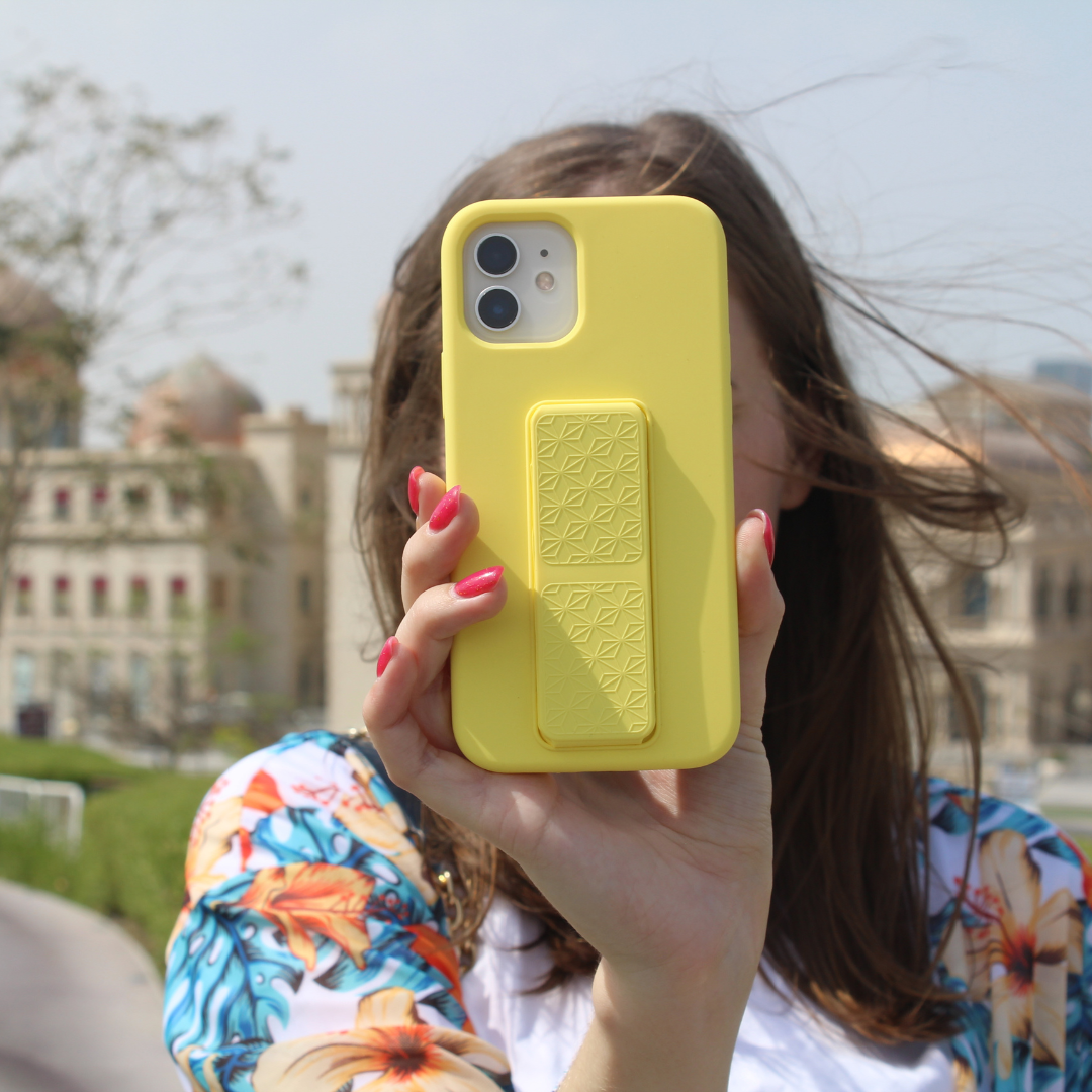 Silicone iPhone Case with Magnet Grip Stand - Yellow